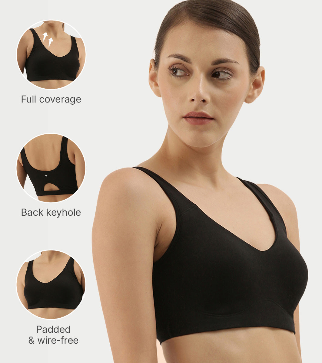 Enamor Easy Slip-On and Back Keyhole Women's Cotton Everyday Beginner's Bra - Padded, Wirefree, Full Coverage - A106 (Black)