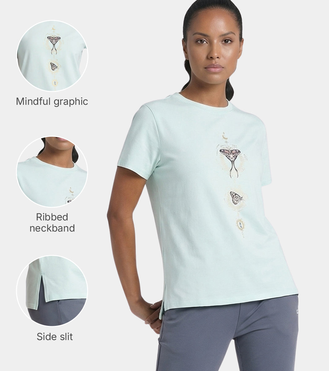 Enamor Short Sleeve Crew Neck Regular Length Cotton Active T-Shirt for Women - Relaxed Fit, Super Soft, Anti-Odour - A301 (Dusty Aqua/Vertical Butterfly Graphic)