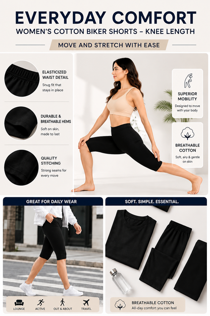 Women’s Cotton Knee Length Cycling Shorts | Stretchable Breathable Biker Gym Yoga Workout Shorts | Mid Waist Athletic Fit