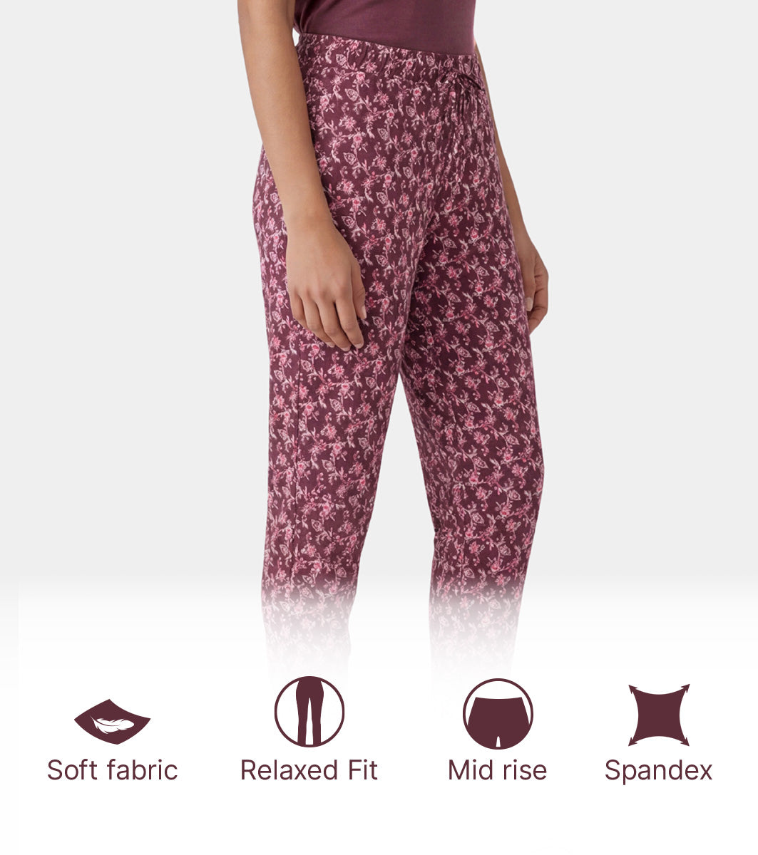 Enamor Mid Rise 7/8th length Drawstring Closure Shop In Pants for Women - Relaxed Fit, Soft & drapey 4-way stretch - E048 (Maroon Ethnic Print)
