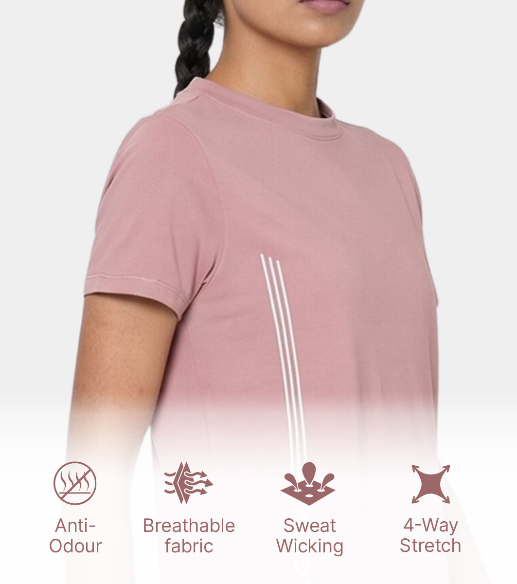 Enamor Short Sleeve Crew Neck Regular Length Basic Dry Fit Workout Crew T-Shirt for Women - Relaxed Fit, Quick Dry, Antimicrobial - A309 (Twilight Mauve Active Reflective Graphic)