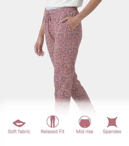 Enamor Mid Rise 7/8th length Drawstring Closure Shop In Pants for Women - Relaxed Fit, Soft & drapey 4-way stretch - E048 (Pink Abstract Animal Print)