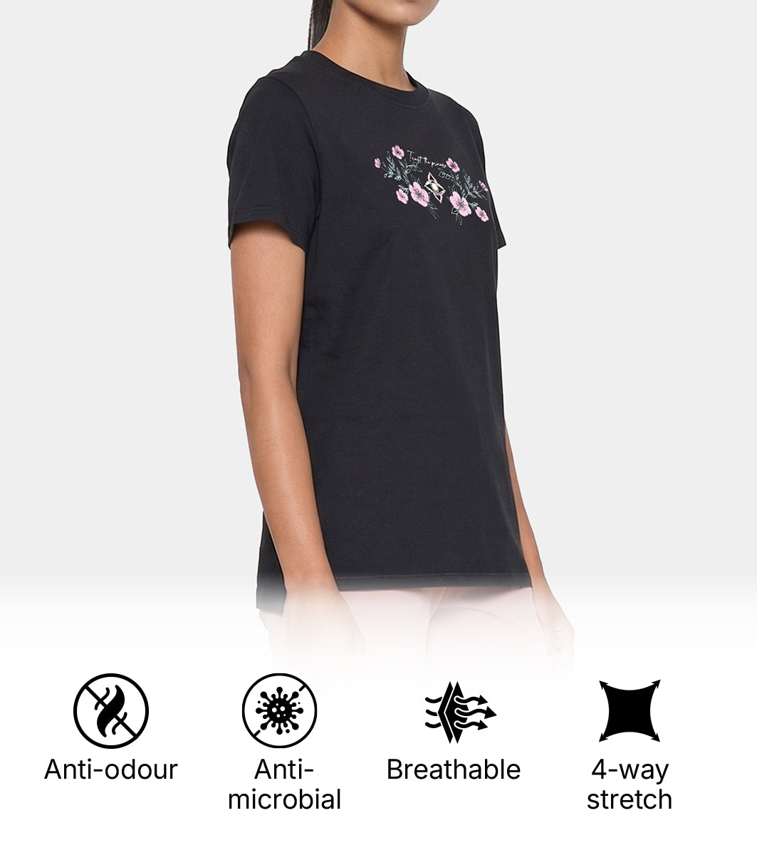 Enamor Short Sleeve Crew Neck Regular Length Cotton Active T-Shirt for Women - Relaxed Fit, Super Soft, Anti-Odour - A301 (Jet Black/Trust The Process Graphic)