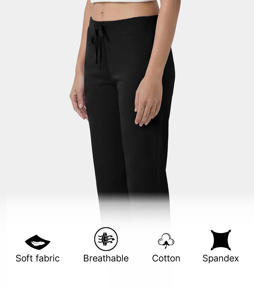 Enamor Mid Rise Regular Length Drawstring Closure Lounge Pants For Women - Slim Fit, Soft and Breathable Stretch Cotton - E014 (Jet Black)