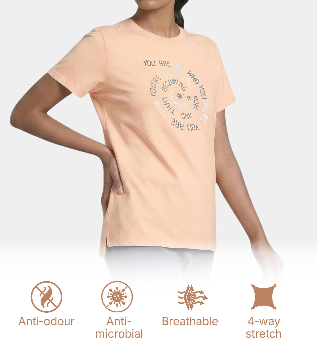 Enamor Short Sleeve Crew Neck Regular Length Cotton Active T-Shirt for Women - Relaxed Fit, Super Soft, Anti-Odour - A301 (Coral Sands/Spiral Graphic)