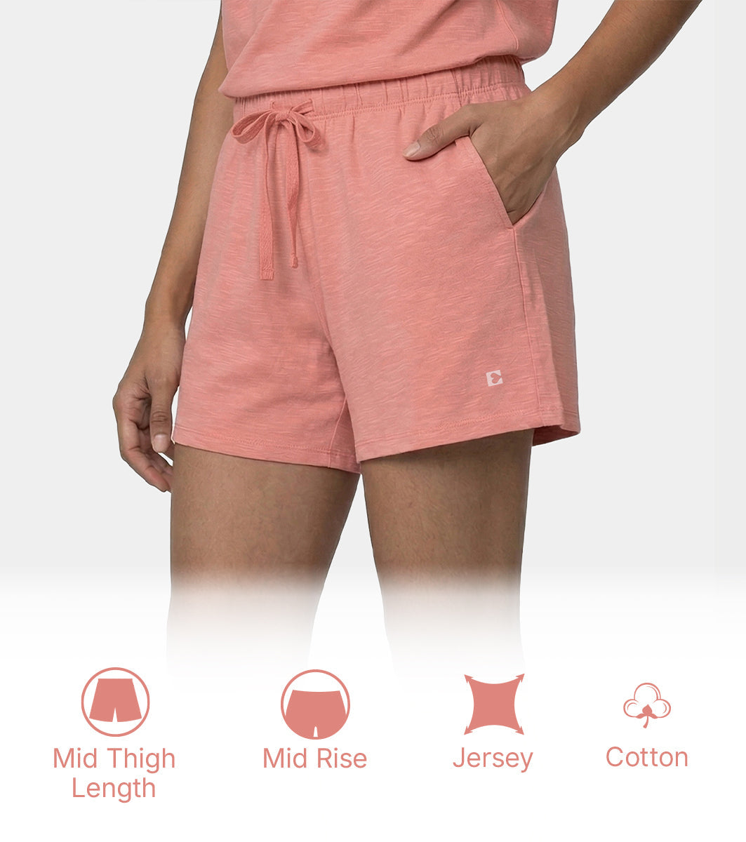 Enamor Drawstring Mid Thigh Length Mid Rise Basic Shorts - Relaxed Fit, Super Soft Cotton - E062 (Desert Sand)