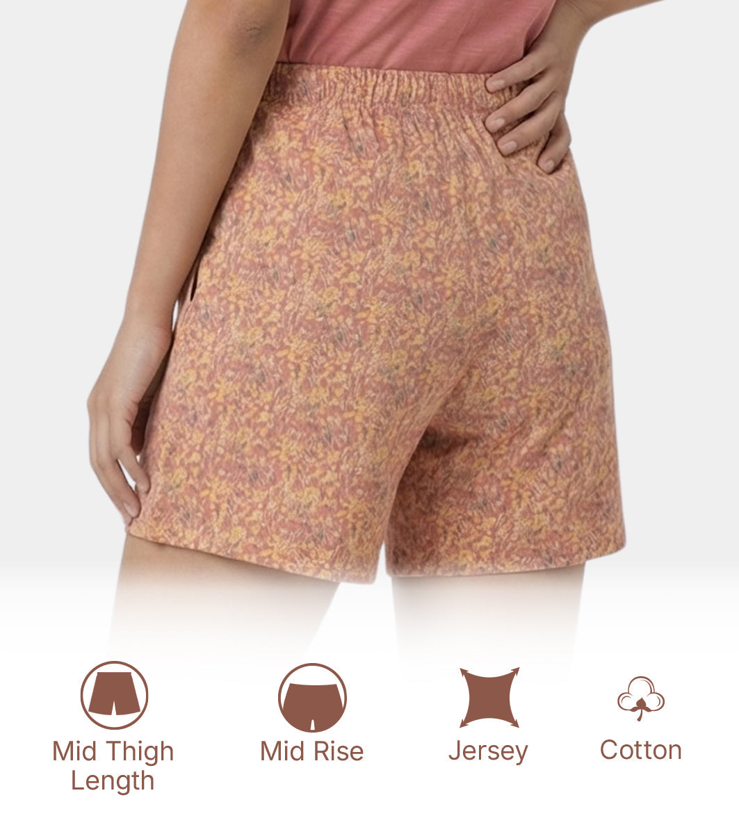 Enamor Drawstring Mid Thigh Length Mid Rise Basic Shorts - Relaxed Fit, Super Soft Cotton - E062 (Wildflower Print)