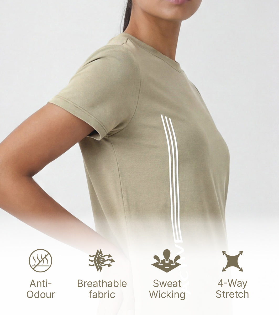 Enamor Short Sleeve Crew Neck Regular Length Basic Dry Fit Workout Crew T-Shirt for Women - Relaxed Fit, Quick Dry, Antimicrobial - A309 (Deep Lichen Green Active Reflective Graphic)