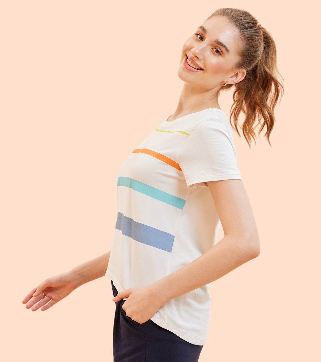 Enamor E3S5 High Low Tee Stripe - Short Sleeve Crew Neck Stretch Cotton Tee with Stylish Stripes
