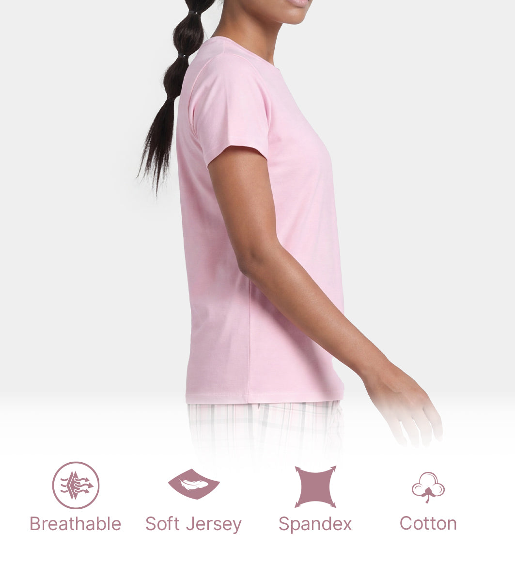 Enamor Pull on Short Sleeve Crew Neck Regular Length Cotton Comfort T-Shirt For Women - Relaxed Fit - E311 (Pink Nectar)