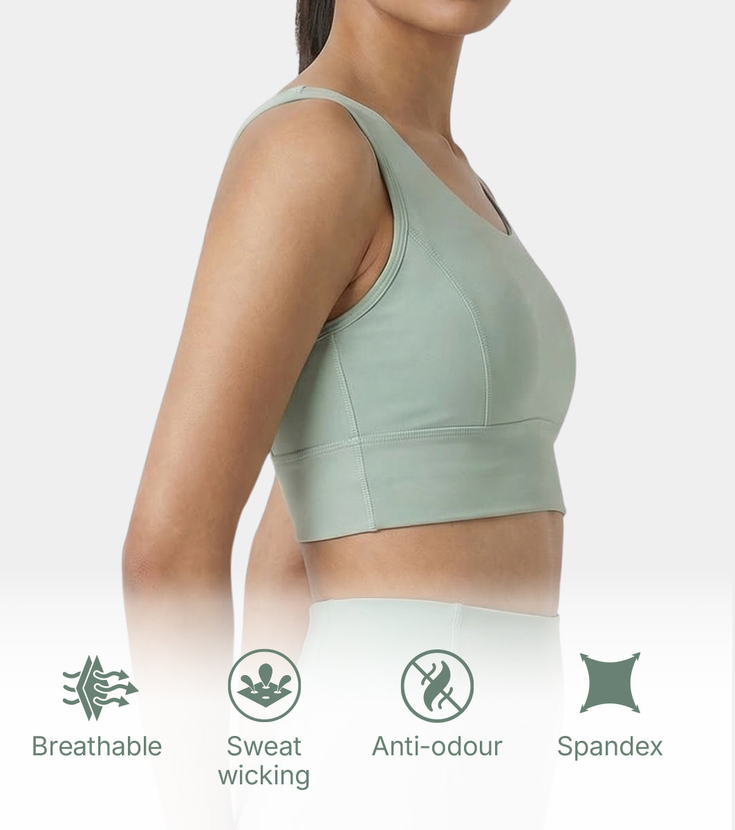 Enamor Sleeveless Crew Neck Crop length Pull On Sports Bra For Women - Hugged Fit, Cut Away Back Detail - A206 (Sage Green)