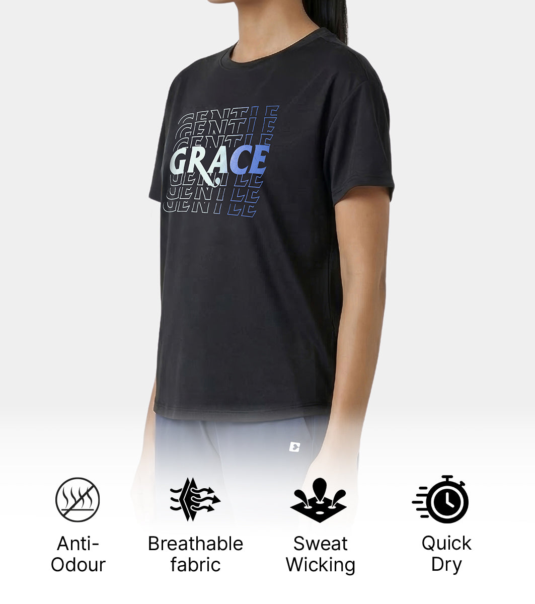 Enamor Active Graphic Tee – breathable, sweat-wicking all-day comfort - A321 (Black/Gentle Grace Graphic)