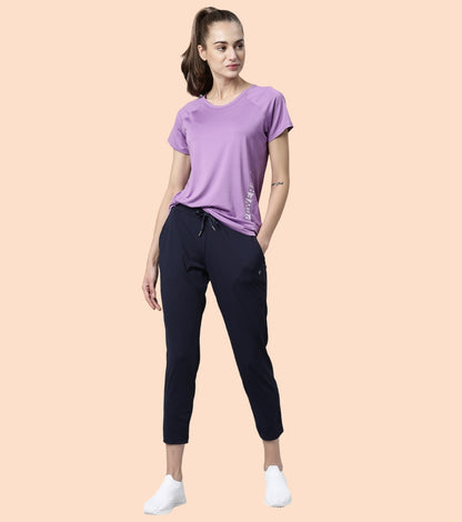 Enamor Mid Rise 7/8th length Drawstring Closure Travel Pants For Women - Relaxed Fit, Quick Dry, Antimicrobial - E068 (Navy)