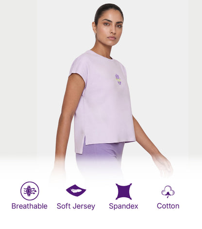 Enamor Pull on Sleeveless Crew Neck Regular Length Cotton T-Shirt For Women with Embroidery Details, Relaxed Fit - E3G7 (Lavender Fog)