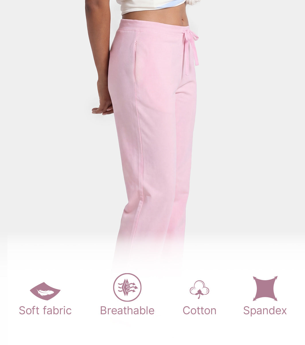 Enamor Mid Rise Regular Length Drawstring Closure Lounge Pants For Women - Slim Fit, Soft and Breathable Stretch Cotton - E014 (Pink Nectar)