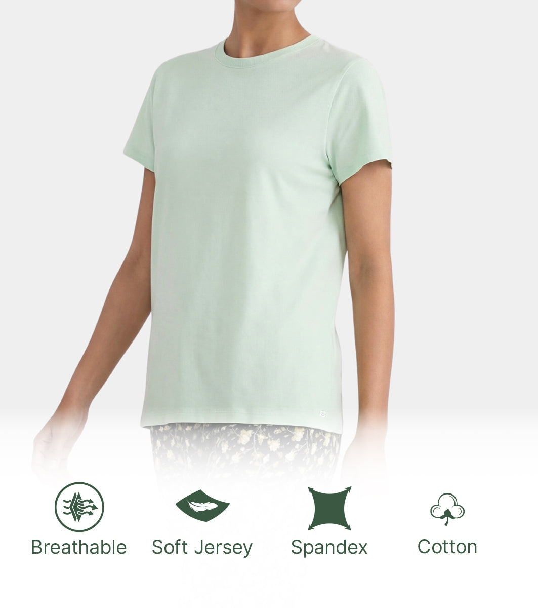 Enamor Pull on Short Sleeve Crew Neck Regular Length Cotton Comfort T-Shirt For Women - Relaxed Fit - E311 (Smoke Green)