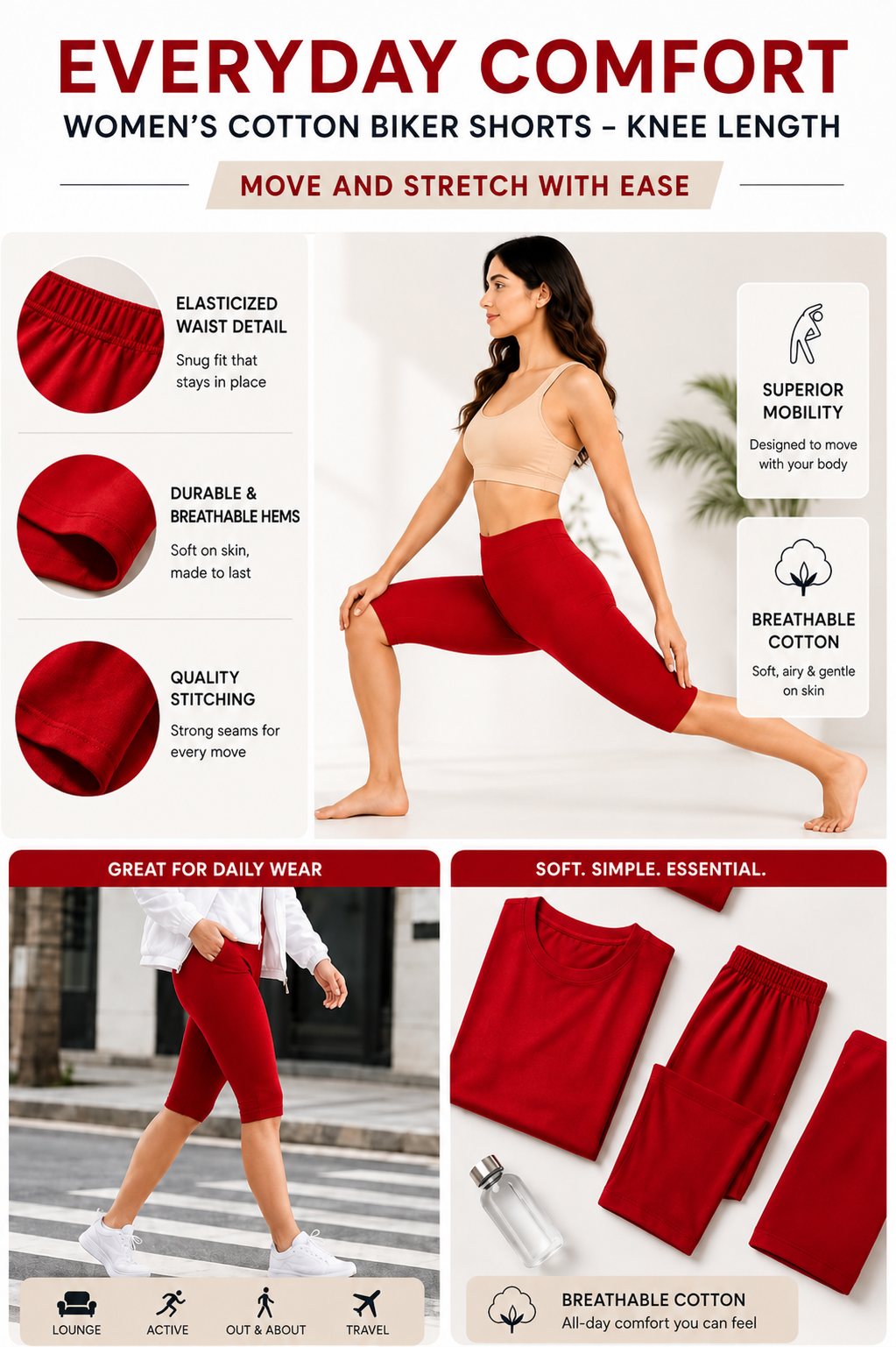 Women’s Cotton Knee Length Cycling Shorts | Stretchable Breathable Biker Gym Yoga Workout Shorts | Mid Waist Athletic Fit