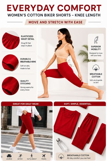 Women’s Cotton Knee Length Cycling Shorts | Stretchable Breathable Biker Gym Yoga Workout Shorts | Mid Waist Athletic Fit