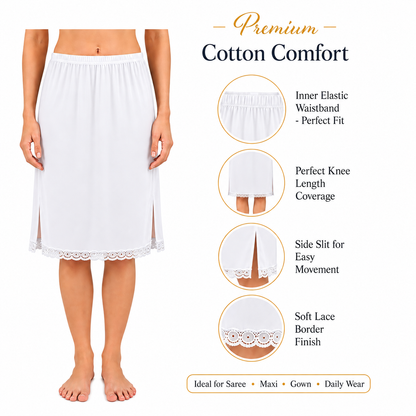 MYBODY Women's Cotton Mini Knee Length Under Skirt Half Slip Cotton Knit Mid Rise Elastic Waistband Side Slits for Movement