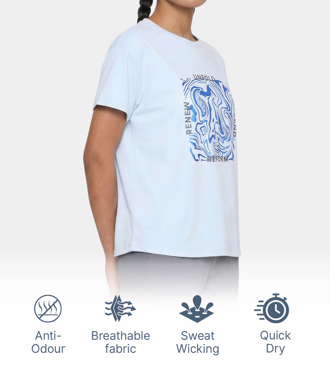 Enamor Active Graphic Tee – breathable, sweat-wicking all-day comfort - A321 (Winter Sky/Unfold Graphic)