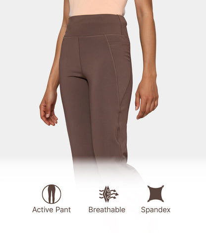 Enamor High Rise Full Length Pull on Boot Cut Active Pant For Women - Relaxed Fit, Quick Dry, Antimicrobial - A402 (Chocolate Brown)