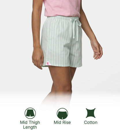 Enamor Mid Rise Mid Thigh Length Adjustable drawstring Hangout Shorts For Women - Relaxed Fit, Soft & Light Cotton - E7A1 (Green Strip)
