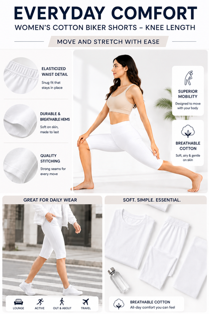 Women’s Cotton Knee Length Cycling Shorts | Stretchable Breathable Biker Gym Yoga Workout Shorts | Mid Waist Athletic Fit