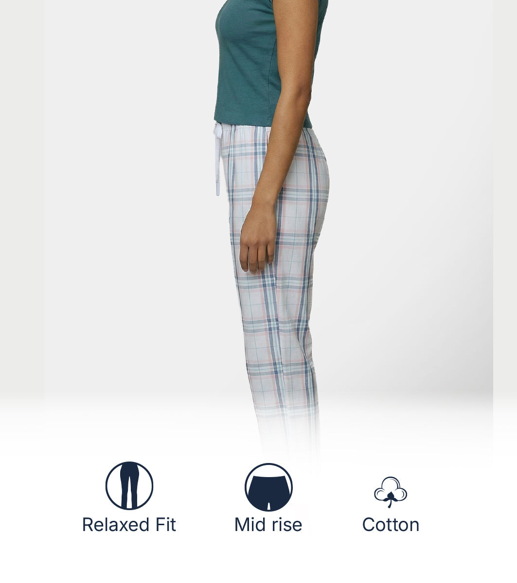 Enamor Mid Rise Full Length Adjustable drawstring Hangout Pant For Women - Relaxed Fit, Combed Cotton - E4A5 (Blue Pink Checks)