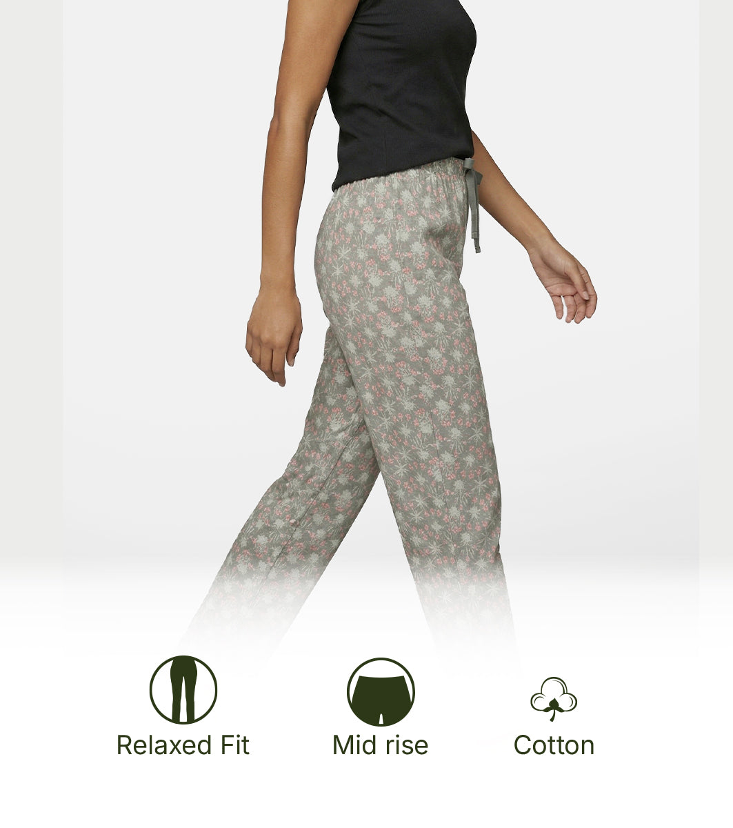 Enamor Mid Rise Full Length Adjustable drawstring Hangout Pant For Women - Relaxed Fit, Combed Cotton - E4A5 (Bohemian Print)