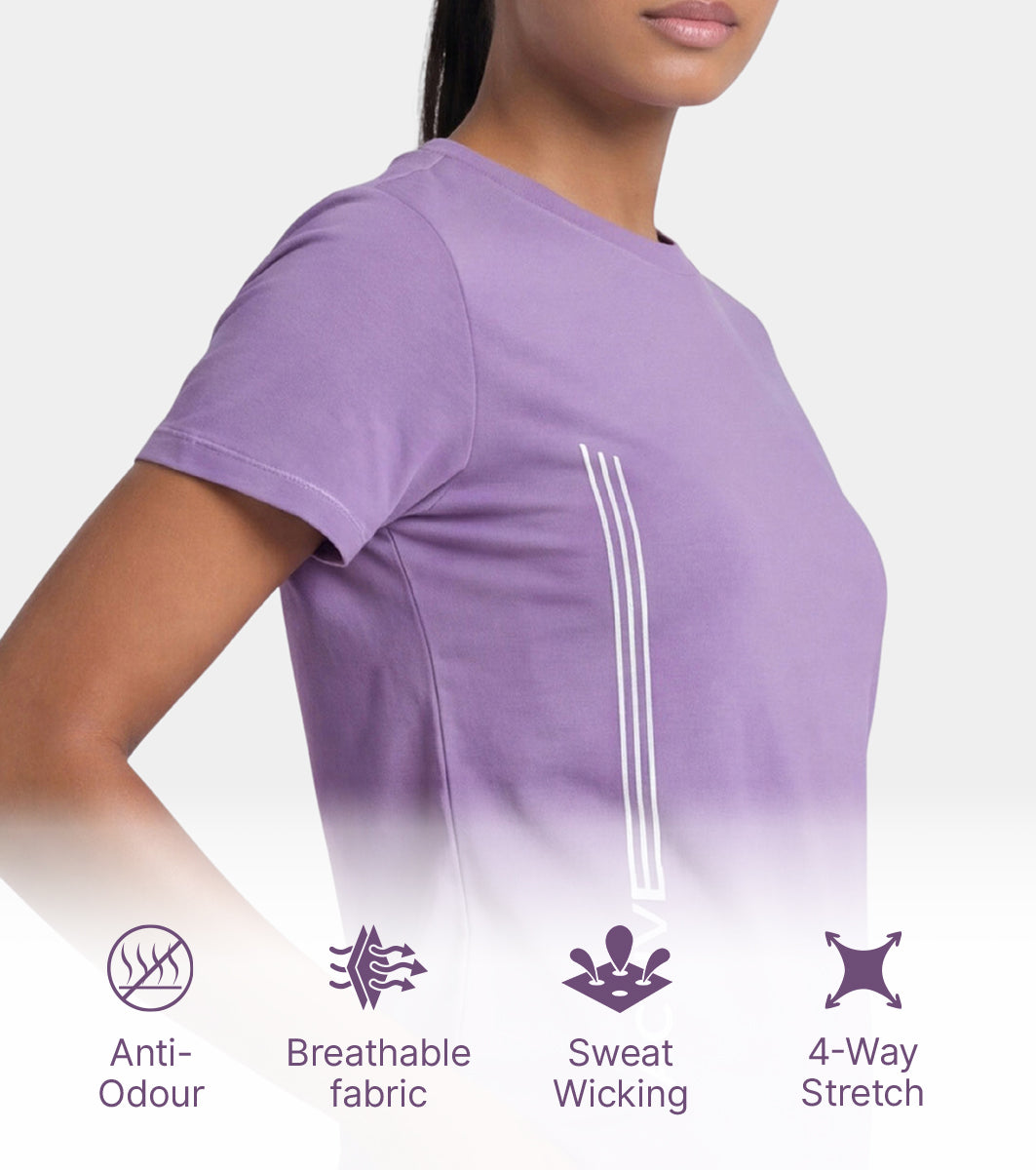 Enamor Short Sleeve Crew Neck Regular Length Basic Dry Fit Workout Crew T-Shirt for Women - Relaxed Fit, Quick Dry, Antimicrobial - A309 (Purple Haze Active Reflective Graphic)