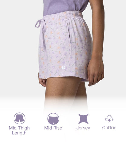 Enamor Drawstring Mid Thigh Length Mid Rise Basic Shorts - Relaxed Fit, Super Soft Cotton - E062 (Dot Texture Flower Print)