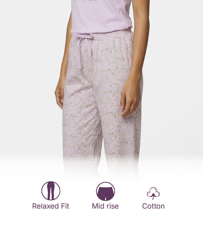 Enamor Mid Rise Full Length Adjustable drawstring Hangout Pant For Women - Relaxed Fit, Combed Cotton - E4A5 (Tropical Print)