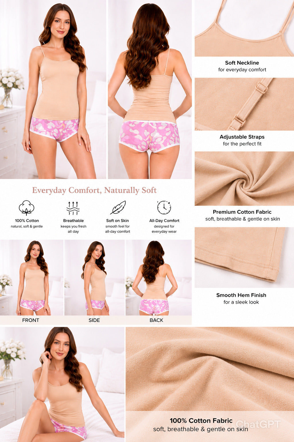 Breeze Women’s Cotton Adjustable Strap Camisole | Soft Breathable Sleeveless Innerwear | Short Length Cami Top for Daily Wear & Layering