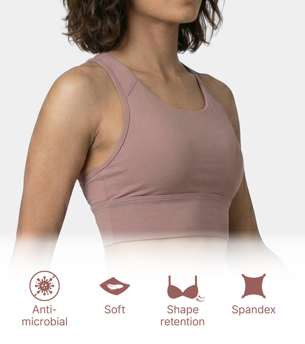 Enamor Wide Straps Seamed T-back Basic Workout Sports Bra - Quick Dry, Antimicrobial, Removable Padding, Non-Wired, Full Coverage - A202 (Twilight Mauve)