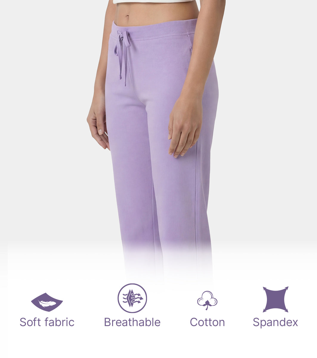 Enamor Mid Rise Regular Length Drawstring Closure Lounge Pants For Women - Slim Fit, Soft and Breathable Stretch Cotton - E014 (Purple Haze)