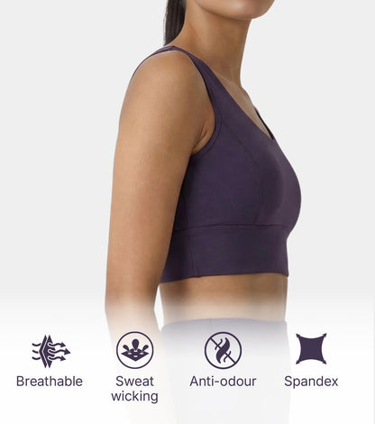 Enamor Sleeveless Crew Neck Crop length Pull On Sports Bra For Women - Hugged Fit, Cut Away Back Detail - A206 (Purple Velvet)