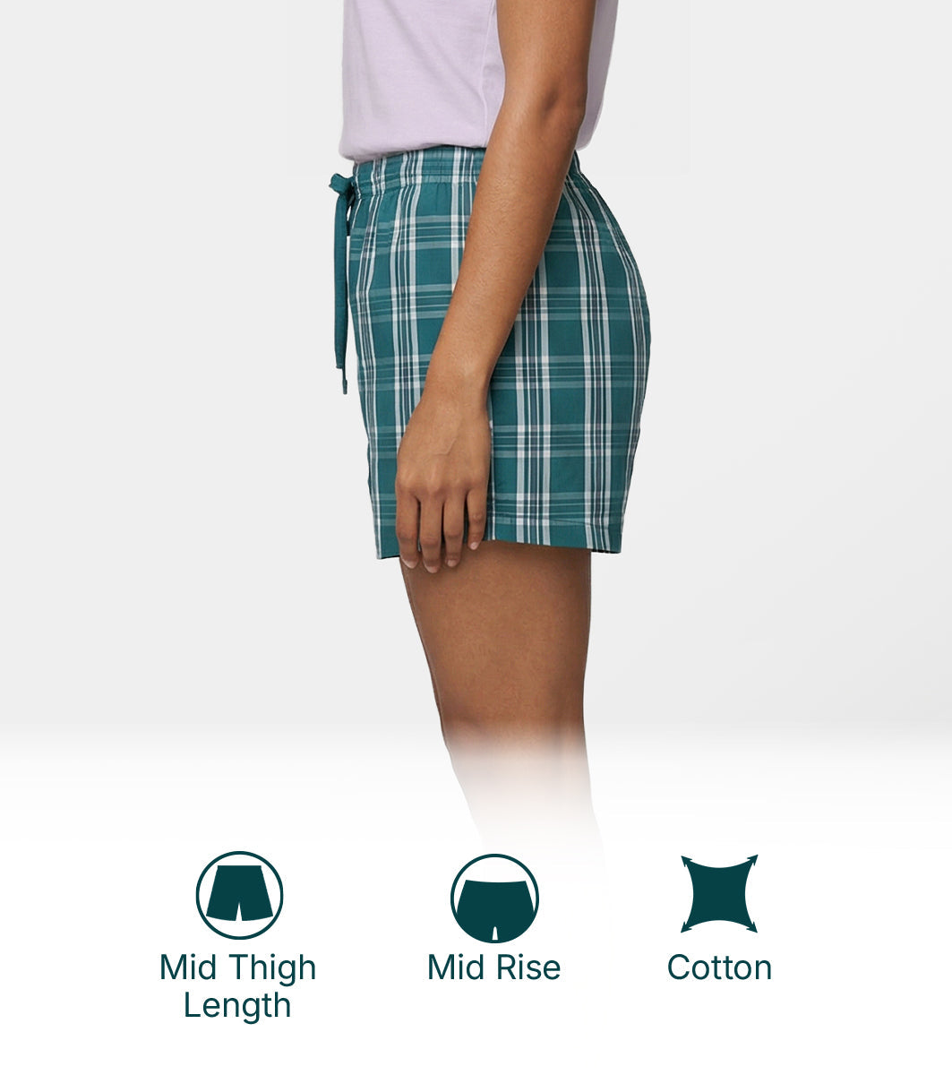 Enamor Mid Rise Mid Thigh Length Adjustable drawstring Hangout Shorts For Women - Relaxed Fit, Soft & Light Cotton - E7A1 (Teal/Pink Checks)