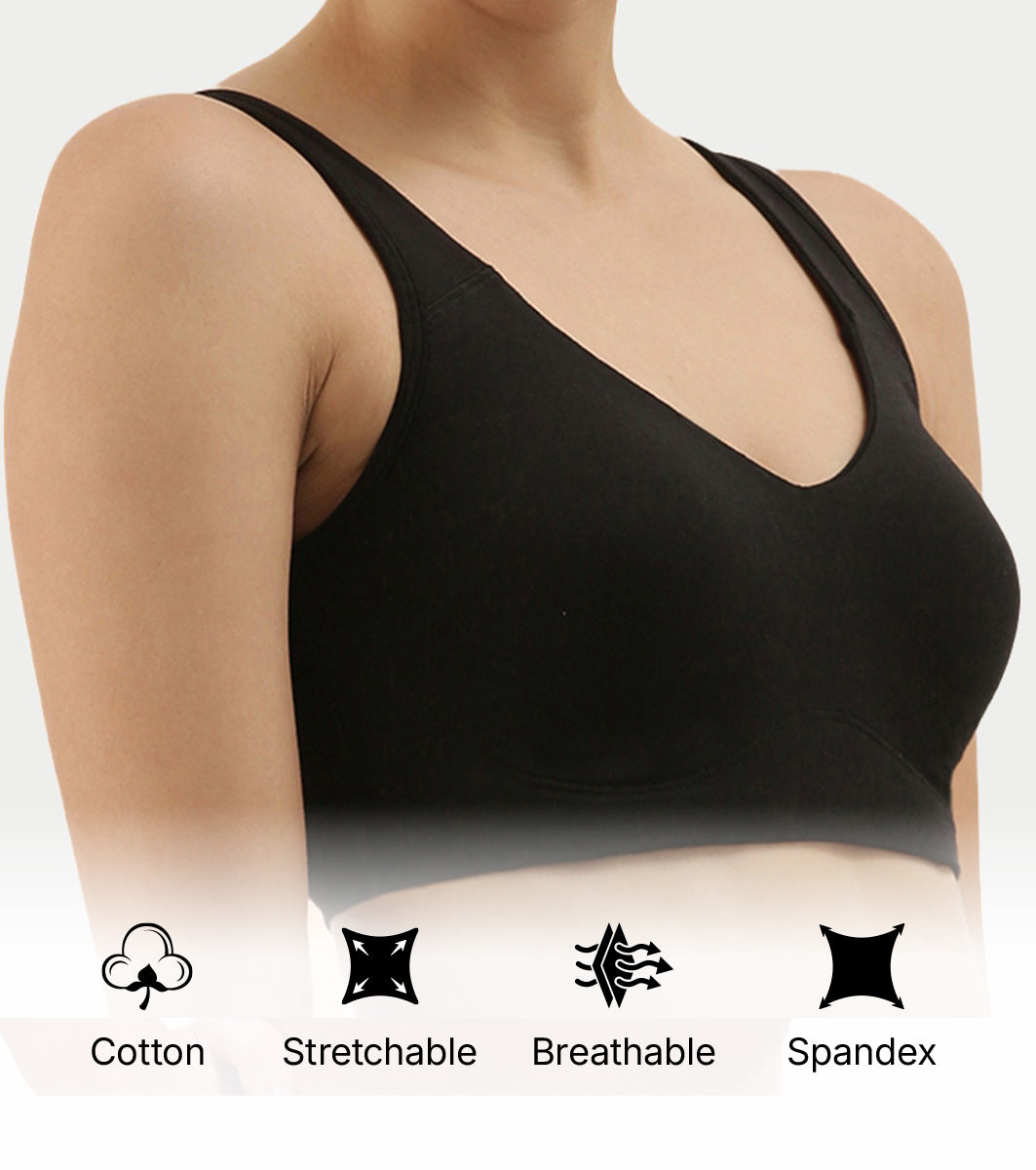 Enamor Easy Slip-On and Back Keyhole Women's Cotton Everyday Beginner's Bra - Padded, Wirefree, Full Coverage - A106 (Black)
