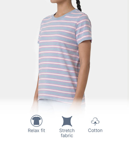 Enamor Short Sleeve Crew Neck Regular Length High Low Striped T-Shirt For Women- Relaxed Fit, Soft and Breathable Stretch Cotton - E3S5 (Dusty Blue)