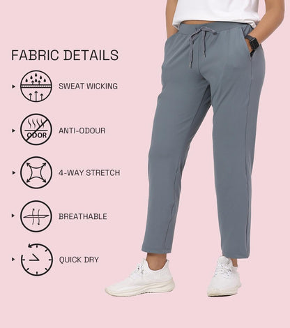 Enamor Mid Rise 7/8th length Drawstring Closure Travel Pants For Women - Relaxed Fit, Quick Dry, Antimicrobial - E068 (Cloud Grey)