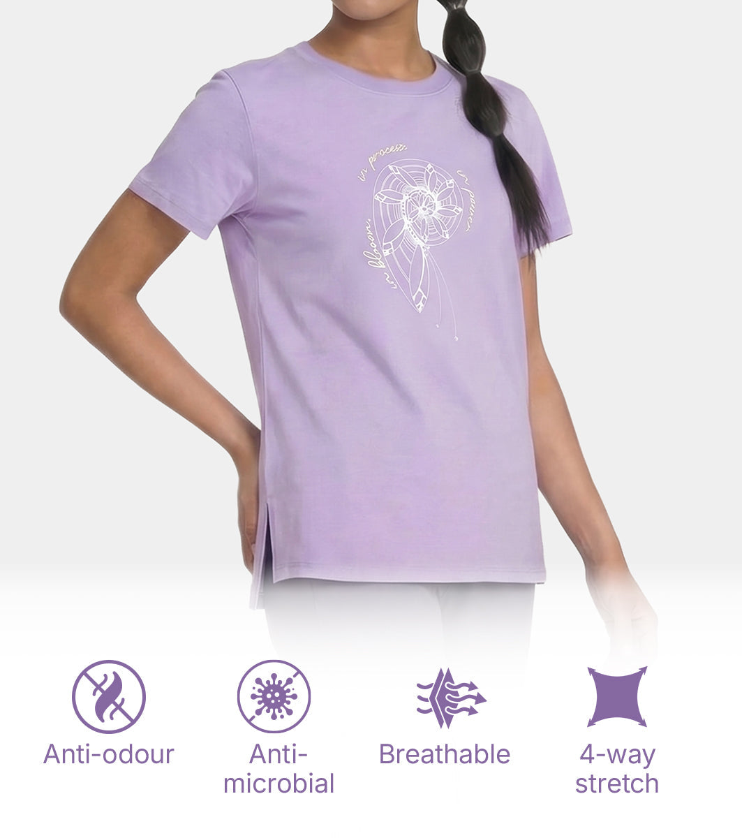 Enamor Short Sleeve Crew Neck Regular Length Cotton Active T-Shirt for Women - Relaxed Fit, Super Soft, Anti-Odour - A301 (Purple Haze/Fibonacci Spiral Graphic)