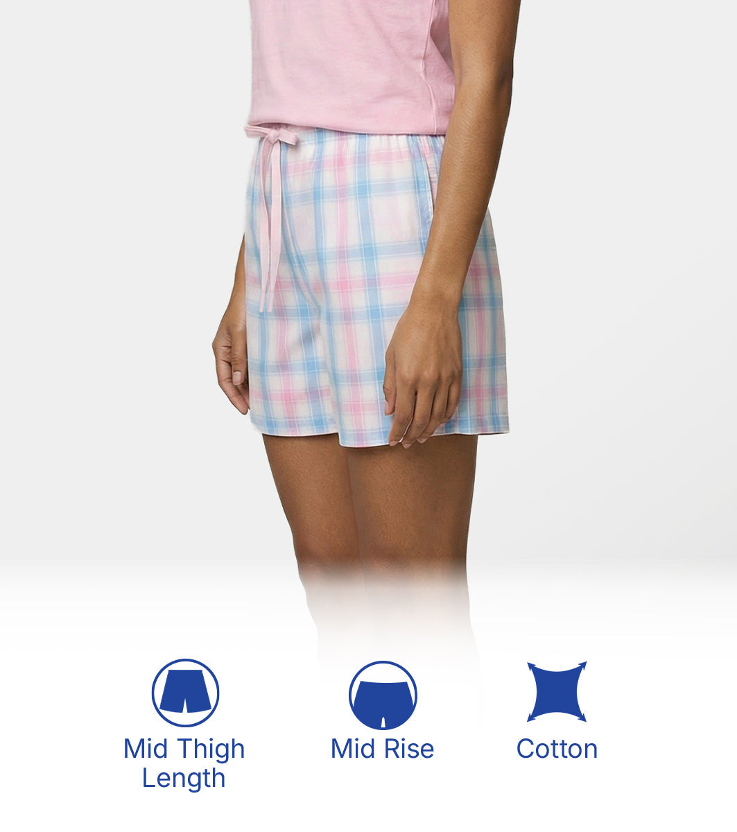 Enamor Mid Rise Mid Thigh Length Adjustable drawstring Hangout Shorts For Women - Relaxed Fit, Soft & Light Cotton - E7A1 (Pink/Light Blue Checks)