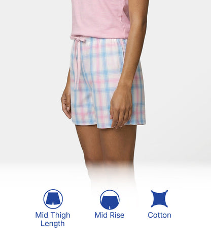 Enamor Mid Rise Mid Thigh Length Adjustable drawstring Hangout Shorts For Women - Relaxed Fit, Soft & Light Cotton - E7A1 (Pink/Light Blue Checks)