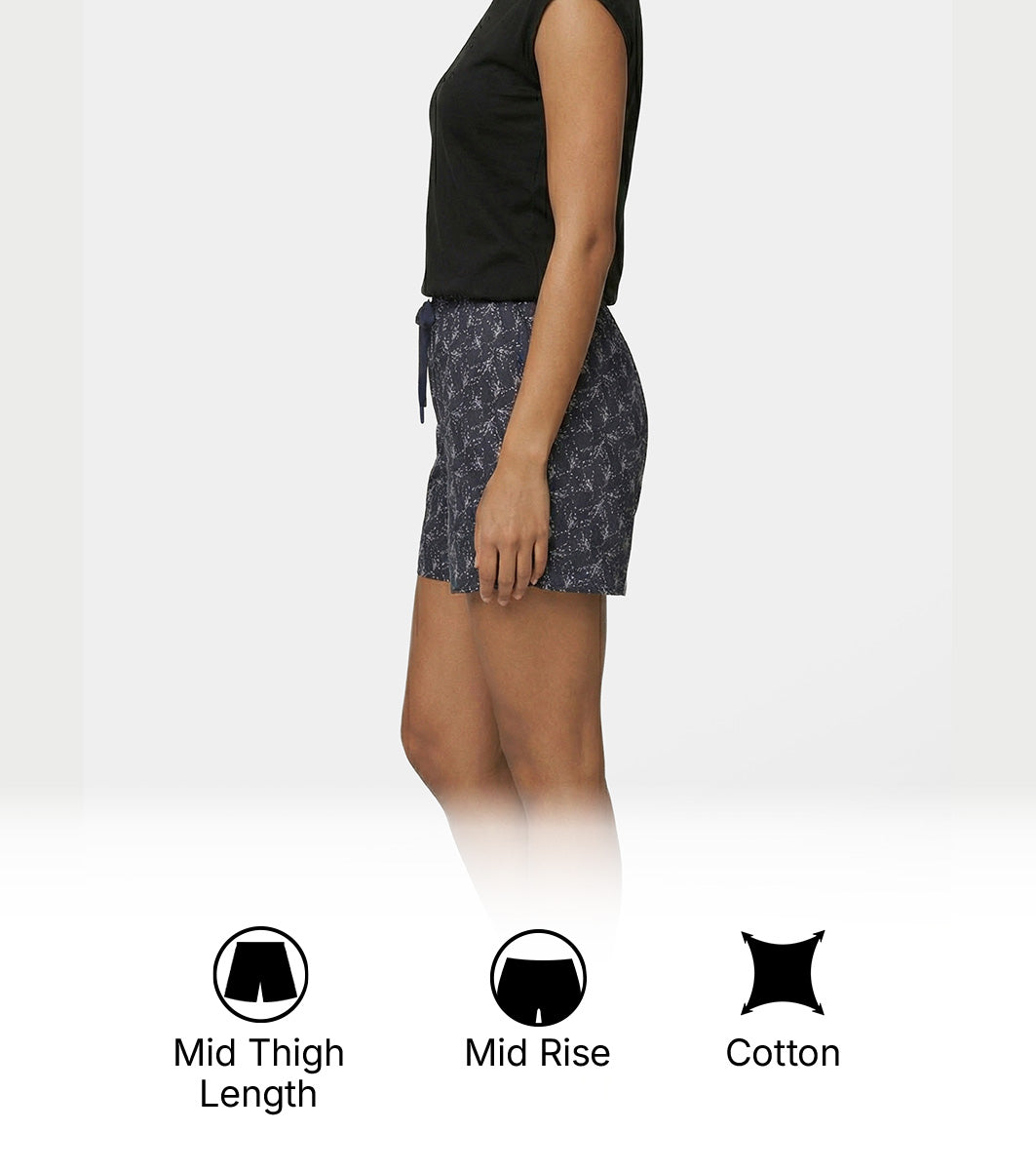 Enamor Mid Rise Mid Thigh Length Adjustable drawstring Hangout Shorts For Women - Relaxed Fit, Soft & Light Cotton - E7A1 (Delicate Floral Print)