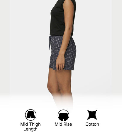 Enamor Mid Rise Mid Thigh Length Adjustable drawstring Hangout Shorts For Women - Relaxed Fit, Soft & Light Cotton - E7A1 (Delicate Floral Print)