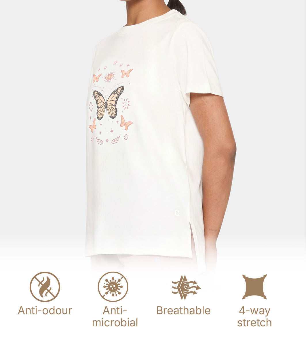 Enamor Short Sleeve Crew Neck Regular Length Cotton Active T-Shirt for Women - Relaxed Fit, Super Soft, Anti-Odour - A301 (Marshmallow/Magic Graphic)