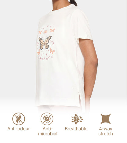 Enamor Short Sleeve Crew Neck Regular Length Cotton Active T-Shirt for Women - Relaxed Fit, Super Soft, Anti-Odour - A301 (Marshmallow/Magic Graphic)