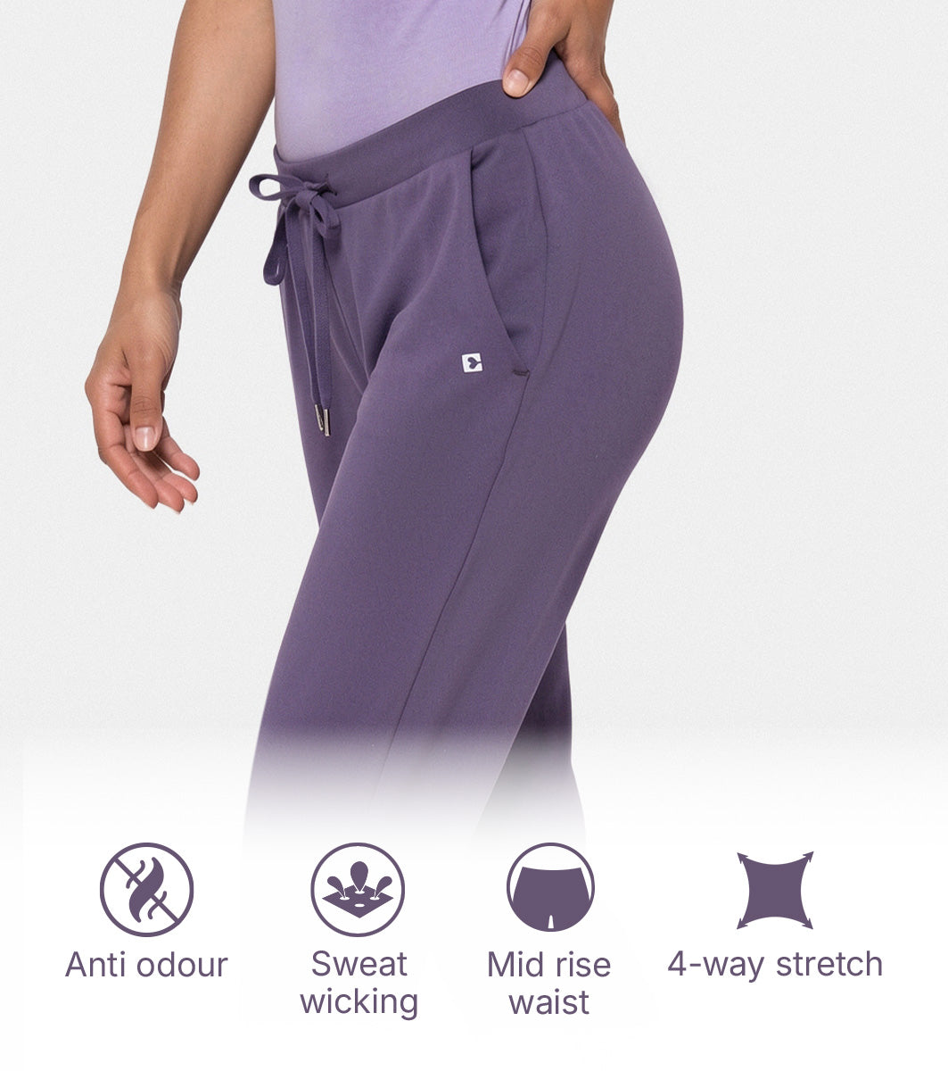 Enamor Mid Rise 7/8th length Drawstring Closure Travel Pants For Women - Relaxed Fit, Quick Dry, Antimicrobial - E068 (Purple Velvet)