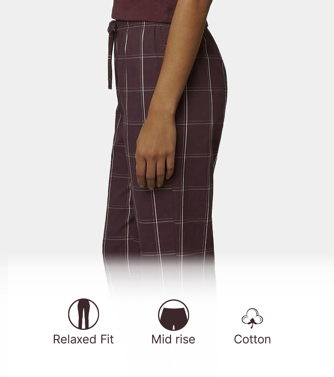 Enamor Mid Rise Full Length Adjustable drawstring Hangout Pant For Women - Relaxed Fit, Combed Cotton - E4A5 (Choco Fudge Checks)