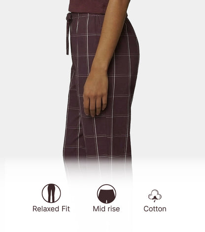 Enamor Mid Rise Full Length Adjustable drawstring Hangout Pant For Women - Relaxed Fit, Combed Cotton - E4A5 (Choco Fudge Checks)